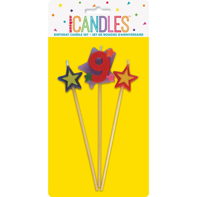 Kaarsen Set 9 Jaar Sterren 26cm 3st van Unique koop je bij Partywinkel