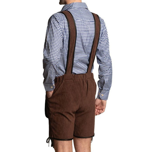 Lederhose Donkerbruin Kort + Blouse Blauw van Partychimp koop je bij Partywinkel