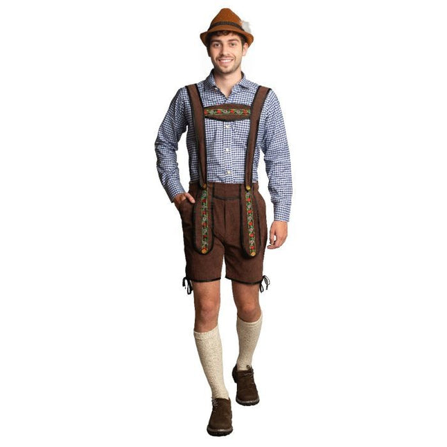 Lederhose Donkerbruin Kort + Blouse Blauw van Partychimp koop je bij Partywinkel