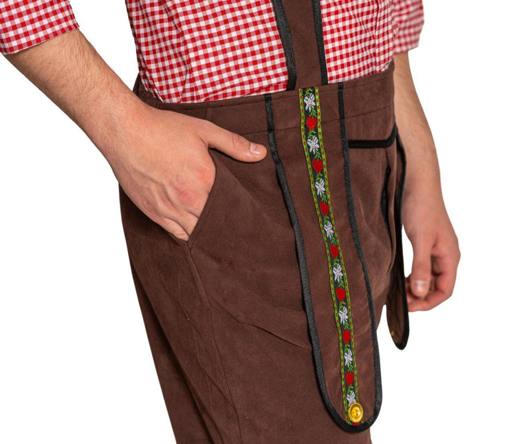 Lederhose Johann met Verstelbare Bretels Donkerbruin Kort van Partychimp koop je bij Partywinkel