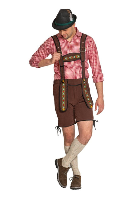 Lederhose Johann met Verstelbare Bretels Donkerbruin Kort van Partychimp koop je bij Partywinkel