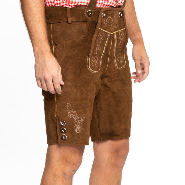 Lederhose Leer Kort Donkerbruin en Bretels van Tannhauser koop je bij Partywinkel