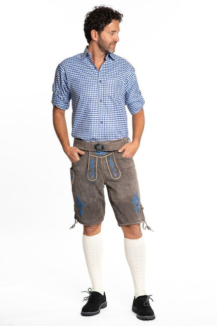 Lederhose Leer Kort Schaduw Blauw en Riem van Tannhauser koop je bij Partywinkel