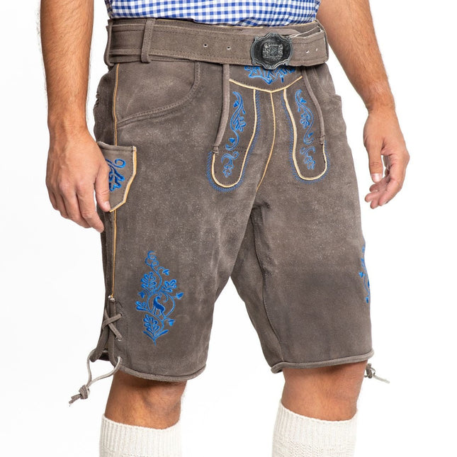 Lederhose Leer Kort Schaduw Blauw en Riem van Tannhauser koop je bij Partywinkel