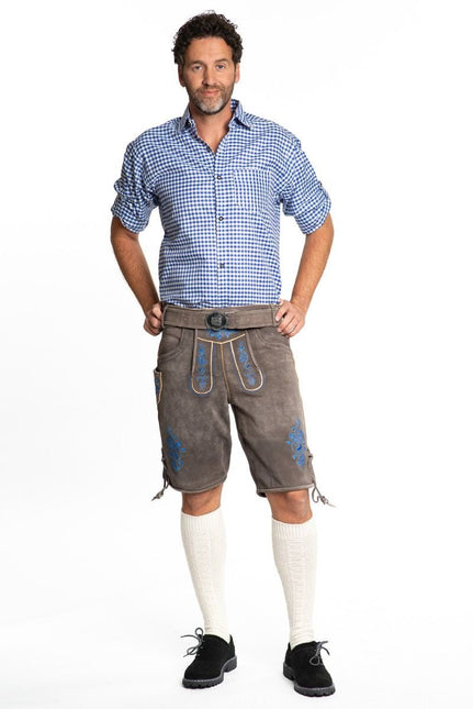 Lederhose Leer Kort Schaduw Blauw en Riem van Tannhauser koop je bij Partywinkel