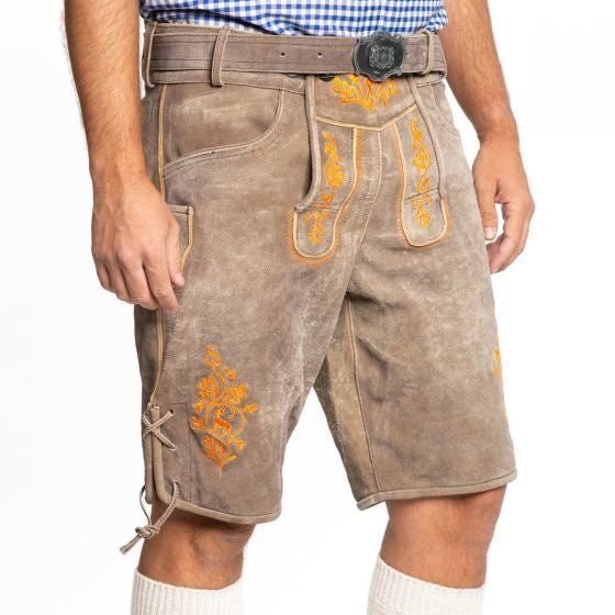 Lederhose Leer Kort Schaduw Oranje en Riem van Tannhauser koop je bij Partywinkel