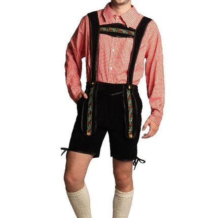 Lederhose Zwart Kort Met Blouse van Partychimp koop je bij Partywinkel