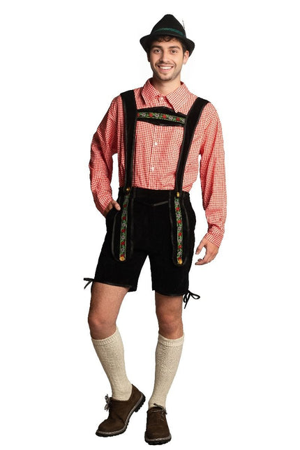 Lederhose Zwart Kort Met Blouse van Partychimp koop je bij Partywinkel