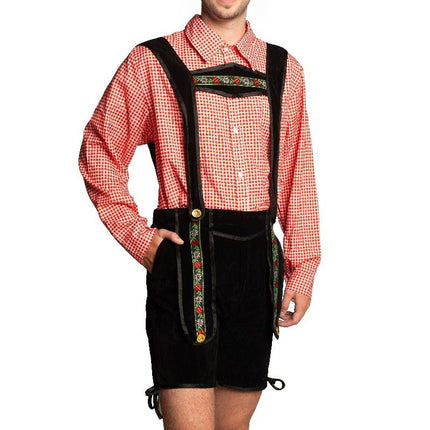 Lederhose Zwart Kort Met Blouse van Partychimp koop je bij Partywinkel
