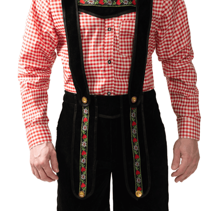 Lederhose Zwart Kort Met Blouse van Partychimp koop je bij Partywinkel