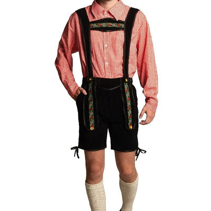 Lederhose Zwart Kort Met Blouse van Partychimp koop je bij Partywinkel