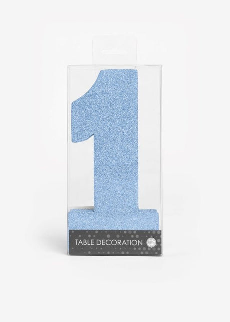 Lichtblauw Tafeldecoratie Cijfer 1 Glitter 20,5cm van WeFiesta koop je bij Partywinkel