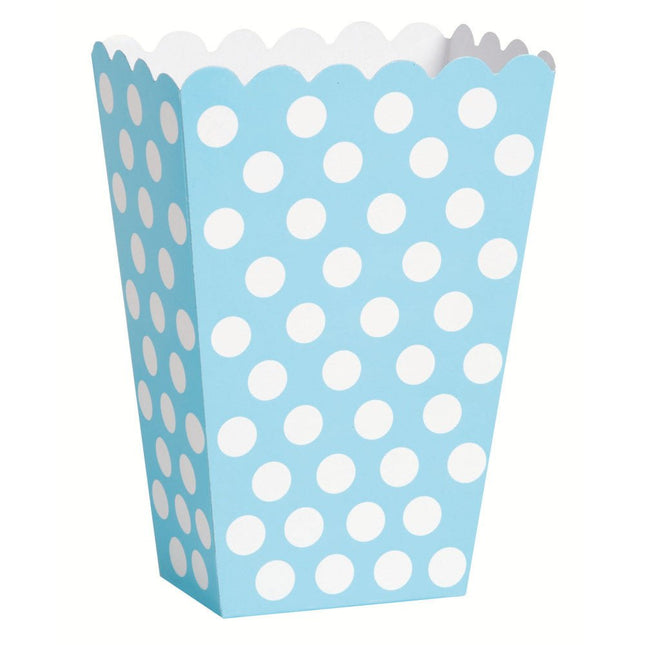 Lichtblauwe Popcorn Bakjes Witte Stippen 13,7cm 8st van Unique koop je bij Partywinkel