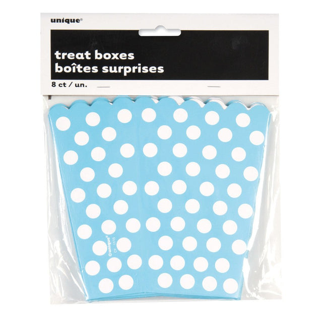 Lichtblauwe Popcorn Bakjes Witte Stippen 13,7cm 8st van Unique koop je bij Partywinkel