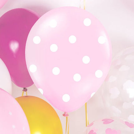 Lichtroze Ballonnen Witte Stipjes 30cm 6st van Partydeco koop je bij Partywinkel