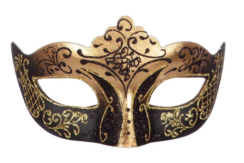 Venetiaans Oogmasker Zwart Goud Glitter van Wilbers & Wilbers koop je bij Partywinkel