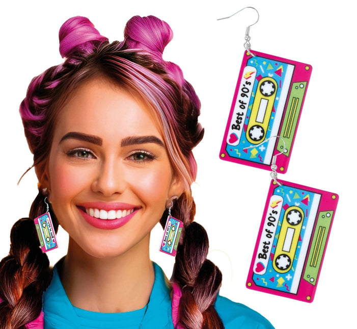 Neon 80S Oorbellen Cassette van Fiestas Guirca koop je bij Partywinkel