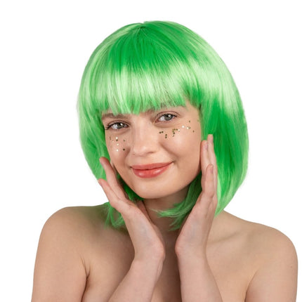Neon Groene Pruik Bob Met Pony van Partydeco koop je bij Partywinkel