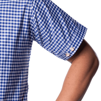 Oktoberfest Blouse Blauw Heren Korte Mouw van Partychimp koop je bij Partywinkel