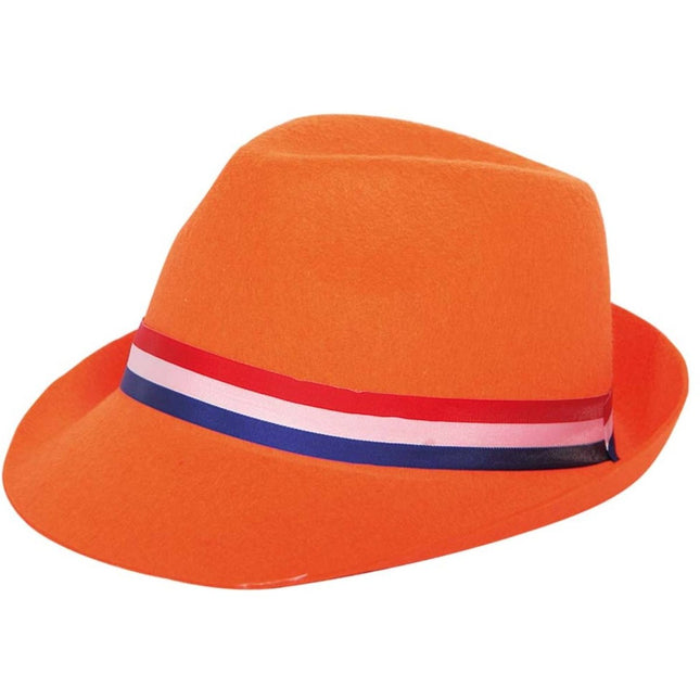 Oranje Trilby Hoed met rood - wit - blauwe band van Folat koop je bij Partywinkel