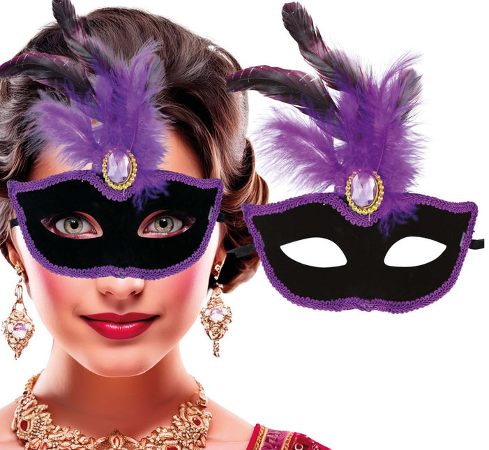 Paars Zwarte Oogmasker Veren van Fiestas Guirca koop je bij Partywinkel