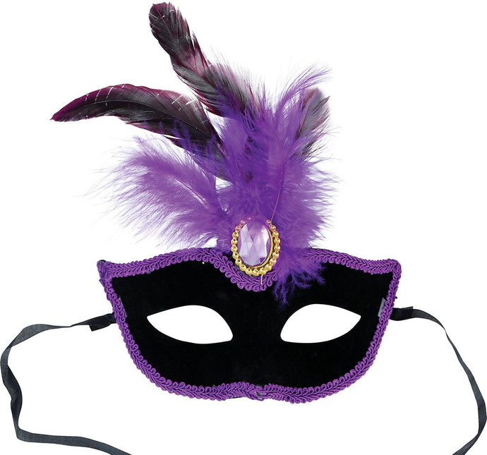 Paars Zwarte Oogmasker Veren van Fiestas Guirca koop je bij Partywinkel