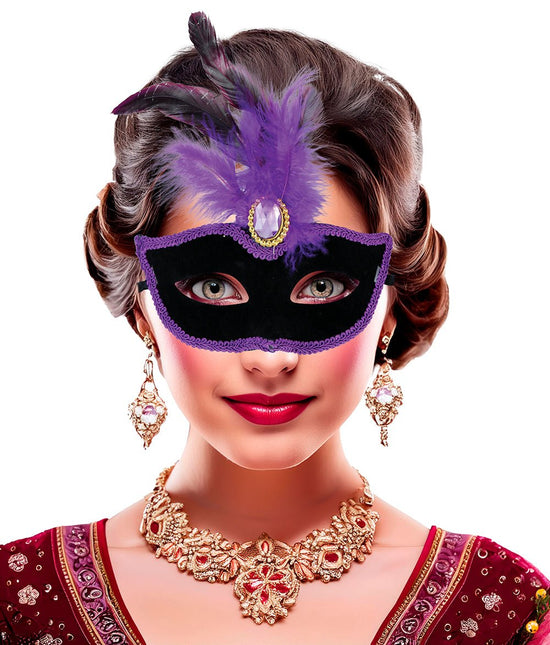 Paars Zwarte Oogmasker Veren van Fiestas Guirca koop je bij Partywinkel
