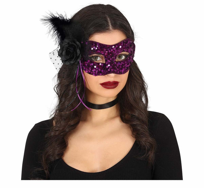 Paarse Oogmasker Bloem Pailletten van Fiestas Guirca koop je bij Partywinkel