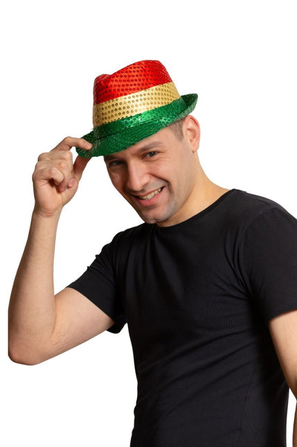 Pailletten Hoedje Rood/Geel/Groen van Partychimp koop je bij Partywinkel