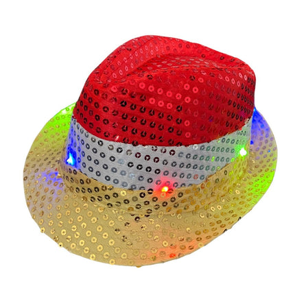Pailletten Hoedje Rood/Wit/Geel met licht incl Batterijen van Partychimp koop je bij Partywinkel
