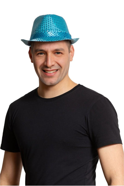 Pailletten Hoedje Turquoise met licht incl Batterijen van Partychimp koop je bij Partywinkel