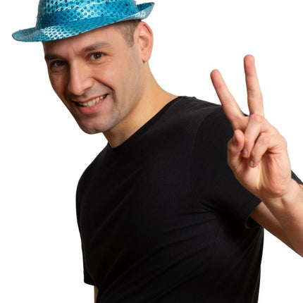 Pailletten Hoedje Turquoise met licht incl Batterijen van Partychimp koop je bij Partywinkel