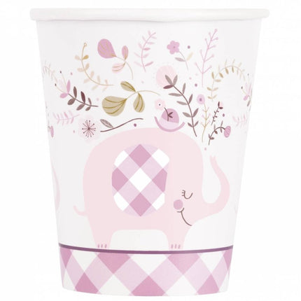 Papieren Bekers Olifant Roze Geboorte Meisje 8st 266ml van Unique koop je bij Partywinkel
