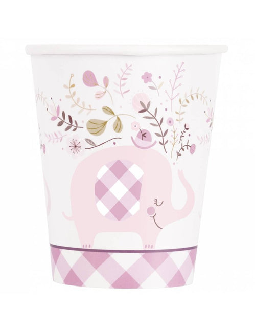 Papieren Bekers Olifant Roze Geboorte Meisje 8st 266ml van Unique koop je bij Partywinkel