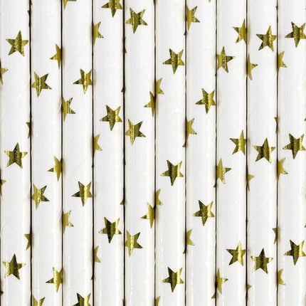 Papieren Rietjes Goud met Sterren 19,5cm 10st van Partydeco koop je bij Partywinkel