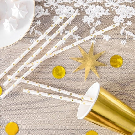 Papieren Rietjes Goud met Sterren 19,5cm 10st van Partydeco koop je bij Partywinkel