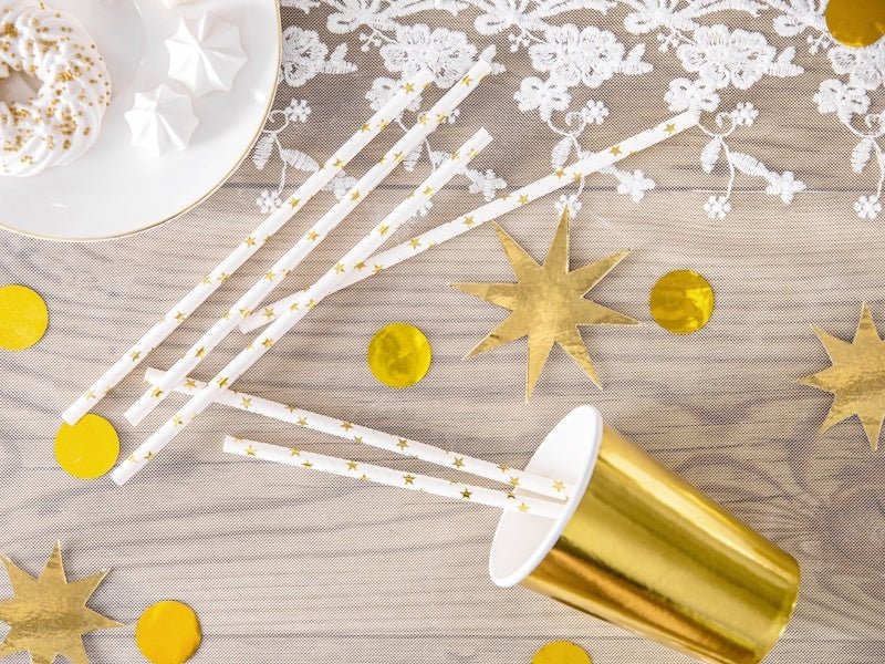 Papieren Rietjes Goud met Sterren 19,5cm 10st van Partydeco koop je bij Partywinkel