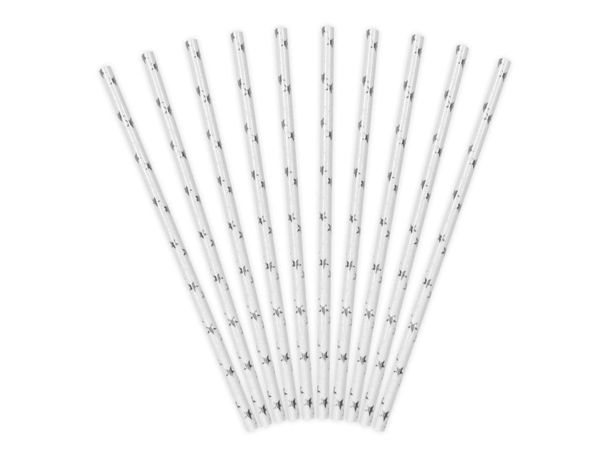 Papieren Rietjes Zilver met Sterren 19,5cm 10st van Partydeco koop je bij Partywinkel