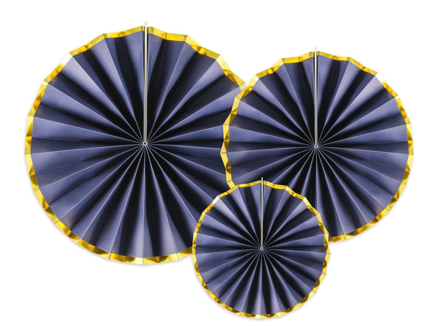 Papieren Waaiers Donkerblauw Goud Set 23 - 40cm 3 delig van Partydeco koop je bij Partywinkel