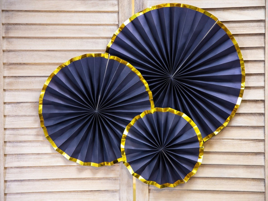 Papieren Waaiers Donkerblauw Goud Set 23 - 40cm 3 delig van Partydeco koop je bij Partywinkel