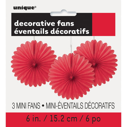 Papieren Waaiers Rood 15cm 3st van Unique koop je bij Partywinkel