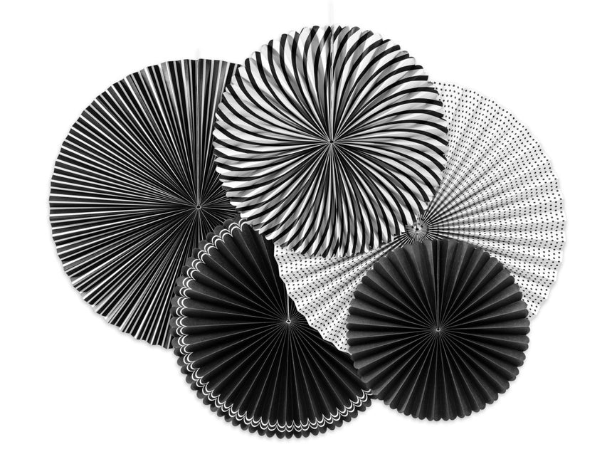 Papieren Waaiers Zwart Wit Set 25 - 40cm 5 delig van Partydeco koop je bij Partywinkel