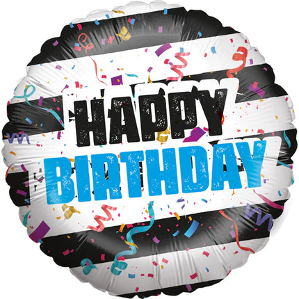 Happy Birthday Helium Balloon, Black and White Striped, Empty, 45 cm