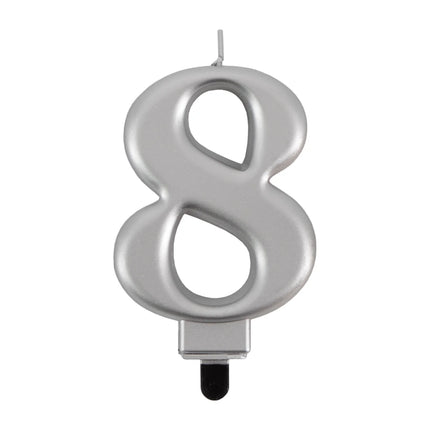 8th Birthday Candle, Silver Metallic, 7 cm