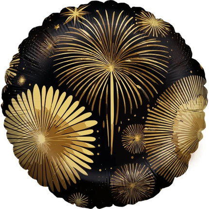 Happy New Year Helium Balloon, Black and Gold, Fireworks, Empty, 45 cm