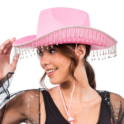 Pink Cowboy Hat with Dangling Rhinestones, One Size