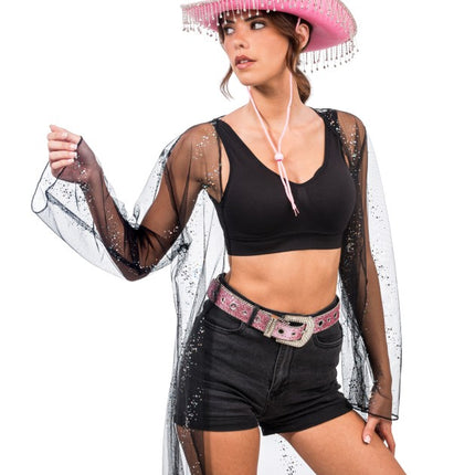 Pink Cowboy Hat with Dangling Rhinestones, One Size