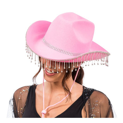 Pink Cowboy Hat with Dangling Rhinestones, One Size