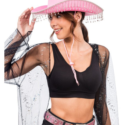 Pink Cowboy Hat with Dangling Rhinestones, One Size