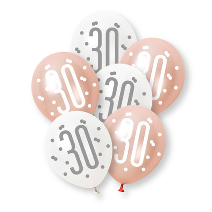 6ct Glitz Rose Gold Number 30 Assorted Platinum & Pearl Premium 30cm Latex Balloons